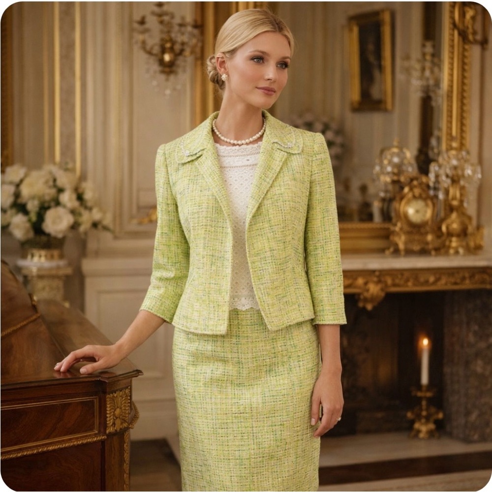 VTG David Meister Tweed Skirt Suit Blazer Jacket Set Audrey Hepburn Y2K Career